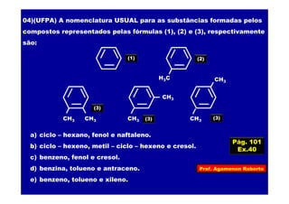 Prof. Agamenon Roberto
Pág. 101
Ex.40
04)(UFPA) A nomenclatura USUAL para as substâncias formadas pelos
compostos representados pelas fórmulas (1), (2) e (3), respectivamente
são:
a) ciclo – hexano, fenol e naftaleno.
b) ciclo – hexeno, metil – ciclo – hexeno e cresol.
c) benzeno, fenol e cresol.
d) benzina, tolueno e antraceno.
e) benzeno, tolueno e xileno.
CH3
CH3
CH3
CH3CH3 CH3
(3)
(3) (3)
H3C
(1) (2)
 