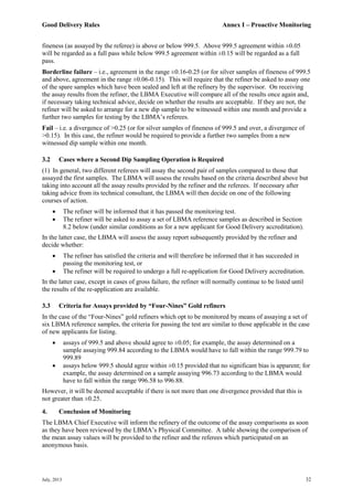 Good Delivery Rules Annex I – Proactive Monitoring
July, 2013 32
fineness (as assayed by the referee) is above or below 999.5. Above 999.5 agreement within ±0.05
will be regarded as a full pass while below 999.5 agreement within ±0.15 will be regarded as a full
pass.
Borderline failure – i.e., agreement in the range ±0.16-0.25 (or for silver samples of fineness of 999.5
and above, agreement in the range ±0.06-0.15). This will require that the refiner be asked to assay one
of the spare samples which have been sealed and left at the refinery by the supervisor. On receiving
the assay results from the refiner, the LBMA Executive will compare all of the results once again and,
if necessary taking technical advice, decide on whether the results are acceptable. If they are not, the
refiner will be asked to arrange for a new dip sample to be witnessed within one month and provide a
further two samples for testing by the LBMA’s referees.
Fail – i.e. a divergence of >0.25 (or for silver samples of fineness of 999.5 and over, a divergence of
>0.15). In this case, the refiner would be required to provide a further two samples from a new
witnessed dip sample within one month.
3.2 Cases where a Second Dip Sampling Operation is Required
(1) In general, two different referees will assay the second pair of samples compared to those that
assayed the first samples. The LBMA will assess the results based on the criteria described above but
taking into account all the assay results provided by the refiner and the referees. If necessary after
taking advice from its technical consultant, the LBMA will then decide on one of the following
courses of action.
 The refiner will be informed that it has passed the monitoring test.
 The refiner will be asked to assay a set of LBMA reference samples as described in Section
8.2 below (under similar conditions as for a new applicant for Good Delivery accreditation).
In the latter case, the LBMA will assess the assay report subsequently provided by the refiner and
decide whether:
 The refiner has satisfied the criteria and will therefore be informed that it has succeeded in
passing the monitoring test, or
 The refiner will be required to undergo a full re-application for Good Delivery accreditation.
In the latter case, except in cases of gross failure, the refiner will normally continue to be listed until
the results of the re-application are available.
3.3 Criteria for Assays provided by “Four-Nines” Gold refiners
In the case of the “Four-Nines” gold refiners which opt to be monitored by means of assaying a set of
six LBMA reference samples, the criteria for passing the test are similar to those applicable in the case
of new applicants for listing.
 assays of 999.5 and above should agree to ±0.05; for example, the assay determined on a
sample assaying 999.84 according to the LBMA would have to fall within the range 999.79 to
999.89
 assays below 999.5 should agree within ±0.15 provided that no significant bias is apparent; for
example, the assay determined on a sample assaying 996.73 according to the LBMA would
have to fall within the range 996.58 to 996.88.
However, it will be deemed acceptable if there is not more than one divergence provided that this is
not greater than ±0.25.
4. Conclusion of Monitoring
The LBMA Chief Executive will inform the refinery of the outcome of the assay comparisons as soon
as they have been reviewed by the LBMA’s Physical Committee. A table showing the comparison of
the mean assay values will be provided to the refiner and the referees which participated on an
anonymous basis.
 