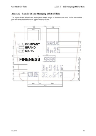 Good Delivery Rules Annex K – End Stamping of Silver Bars
July, 2013 36
Annex K – Sample of End Stamping of Silver Bars
The layout shown below is not prescriptive but the height of the characters used for the bar number,
year and assay mark should be approximately 10 mm.
 
