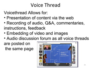 Voice Thread Voicethread Allows for:  Presentation of content via the web Recording of audio, Q&A, commentaries, instructions, feedback Embedding of video and images Audio discussion forum as all voice threads are posted on  the same page 
