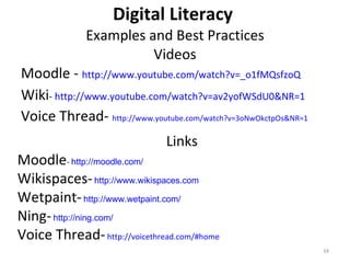 Digital Literacy   Examples and Best Practices Videos Moodle -  http:// www.youtube.com/watch?v =_o1fMQsfzoQ   Wiki -  http:// www.youtube.com/watch?v =av2yofWSdU0&NR=1   Voice Thread-  http:// www.youtube.com/watch?v =3oNwOkctpOs&NR=1   Links Moodle -  http://moodle.com/   Wikispaces-   http://www.wikispaces.com   Wetpaint-   http://www.wetpaint.com/   Ning-   http://ning.com/   Voice Thread-   http://voicethread.com/#home   