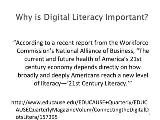 “ According to a recent report from the Workforce Commission’s National Alliance of Business, “The current and future health of America’s 21st century economy depends directly on how broadly and deeply Americans reach a new level of literacy—‘21st Century Literacy.’” http://www.educause.edu/EDUCAUSE+Quarterly/EDUCAUSEQuarterlyMagazineVolum/ConnectingtheDigitalDotsLitera/157395 Why is Digital Literacy Important? 