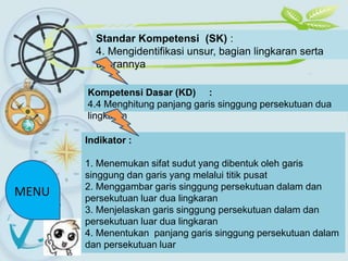 Standar Kompetensi (SK) :
4. Mengidentifikasi unsur, bagian lingkaran serta
ukurannya
Kompetensi Dasar (KD) :
4.4 Menghitung panjang garis singgung persekutuan dua
lingkaran
Indikator :
1. Menemukan sifat sudut yang dibentuk oleh garis
singgung dan garis yang melalui titik pusat
2. Menggambar garis singgung persekutuan dalam dan
persekutuan luar dua lingkaran
3. Menjelaskan garis singgung persekutuan dalam dan
persekutuan luar dua lingkaran
4. Menentukan panjang garis singgung persekutuan dalam
dan persekutuan luar
MENU
 