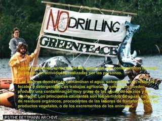 Aguas residuales, conjunto de las aguas que son contaminadas durante su empleo en actividades realizadas por las personas. Las labores domésticas contaminan el agua, sobre todo, con residuos fecales y detergentes. Los trabajos agrícolas y ganaderos pueden producir una contaminación muy grave de las aguas de los ríos y los acuíferos. Los principales causantes son los vertidos de aguas cargadas de residuos orgánicos, procedentes de las labores de transformación de productos vegetales, o de los excrementos de los animales. . 