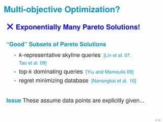 Multi-objective Optimization?
× Exponentially Many Pareto Solutions!
“Good” Subsets of Pareto Solutions
• k-representative skyline queries [Lin et al. 07,
Tao et al. 09]
• top-k dominating queries [Yiu and Mamoulis 09]
• regret minimizing database [Nanongkai et al. 10]
Issue These assume data points are explicitly given...
4 / 15
 