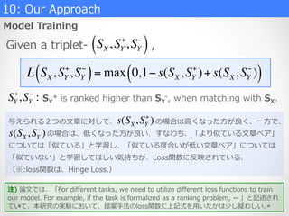 L SX,SY
+
,SY
−
( )= max 0,1− s(SX,SY
+
)+ s(SX,SY
−
)( )
10:  Our  Approach
Model  Training
注)  論論⽂文では、「For  diﬀerent  tasks,  we  need  to  utilize  diﬀerent  loss  functions  to  train  
our  model.  For  example,  if  the  task  is  formalized  as  a  ranking  problem,  ~∼  」と記述され
ていて、本研究の実験において、提案⼿手法のloss関数に上記式を⽤用いたかは少し疑わしい．
Given  a  triplet-‐‑‒ SX,SY
+
,SY
−
( ) ,
SY
+
,SY
−
: SY
+  is  ranked  higher  than  SY
-‐‑‒,  when  matching  with  SX.  
s(SX,SY
+
)
s(SX,SY
−
)
与えられる２つの⽂文章に対して、 　 　 　 　 　  の場合は⾼高くなった⽅方が良良く、⼀一⽅方で、
 　 　 　 　 　  の場合は、低くなった⽅方が良良い．すなわち、「より似ている⽂文章ペア」
については「似ている」と学習し、「似ている度度合いが低い⽂文章ペア」については
「似ていない」と学習してほしい気持ちが、Loss関数に反映されている．
（※:loss関数は、Hinge  Loss.）
 