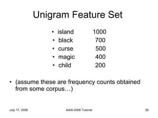 Unigram Feature Set  island  1000 black  700 curse  500 magic  400 child  200 (assume these are frequency counts obtained from some corpus…) 