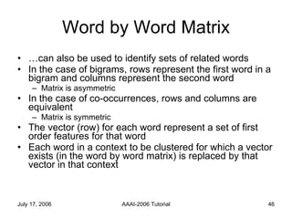 Word by Word Matrix … can also be used to identify sets of related words In the case of bigrams, rows represent the first word in a bigram and columns represent the second word Matrix is asymmetric In the case of co-occurrences, rows and columns are equivalent Matrix is symmetric The vector (row) for each word represent a set of first order features for that word Each word in a context to be clustered for which a vector exists (in the word by word matrix) is replaced by that vector in that context 