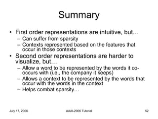 Summary First order representations are intuitive, but… Can suffer from sparsity Contexts represented based on the features that occur in those contexts Second order representations are harder to visualize, but… Allow a word to be represented by the words it co-occurs with (i.e., the company it keeps) Allows a context to be represented by the words that occur with the words in the context  Helps combat sparsity… 