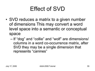 Effect of SVD SVD reduces a matrix to a given number of dimensions This may convert a word level space into a semantic or conceptual space If “dog” and “collie” and “wolf” are dimensions/columns in a word co-occurrence matrix, after SVD they may be a single dimension that represents “canines” 