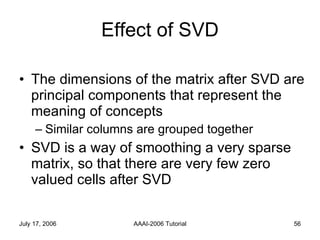 Effect of SVD The dimensions of the matrix after SVD are principal components that represent the meaning of concepts Similar columns are grouped together  SVD is a way of smoothing a very sparse matrix, so that there are very few zero valued cells after SVD 