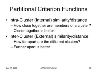 Partitional Criterion Functions Intra-Cluster (Internal) similarity/distance How close together are members of a cluster? Closer together is better Inter-Cluster (External) similarity/distance How far apart are the different clusters? Further apart is better  