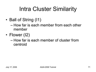 Intra Cluster Similarity Ball of String (I1) How far is each member from each other member Flower (I2) How far is each member of cluster from centroid 