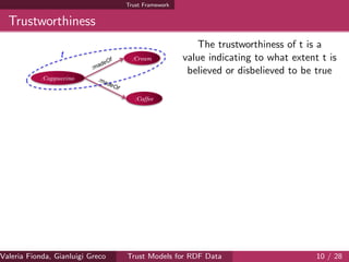 Trust Framework
Trustworthiness
The trustworthiness of t is a
value indicating to what extent t is
believed or disbelieved to be true
Valeria Fionda, Gianluigi Greco ( Department of Mathematics and Computer Science, University ofTrust Models for RDF Data 10 / 28
 