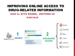 IMPROVING ONLINE ACCESS TO
 DRUG-RELATED INFORMATION
 JIAO LI, RITU KHARE, ZHIYONG LU
             NCBI/NLM




     1                     2
    SEARCH              INTEGRATED
                          ACCESS
 