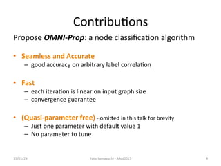 Contribu/ons	
Propose	
 ?OMNI-?\Prop:	
 ?a	
 ?node	
 ?classi?ca/on	
 ?algorithm	
 ?
?? Seamless	
 ?and	
 ?Accurate	
 ?
C? good	
 ?accuracy	
 ?on	
 ?arbitrary	
 ?label	
 ?correla/on	
 ?
?? Fast	
 ?
C? each	
 ?itera/on	
 ?is	
 ?linear	
 ?on	
 ?input	
 ?graph	
 ?size	
 ?
C? convergence	
 ?guarantee	
 ?
?? (Quasi-?\parameter	
 ?free)	
 ?-?\	
 ?omiZed	
 ?in	
 ?this	
 ?talk	
 ?for	
 ?brevity	
 ?	
 ?
C? Just	
 ?one	
 ?parameter	
 ?with	
 ?default	
 ?value	
 ?1	
 ?
C? No	
 ?parameter	
 ?to	
 ?tune	
 ?
15/01/29	
 Yuto	
 ?Yamaguchi	
 ?-?\	
 ?AAAI2015	
 4	
 
