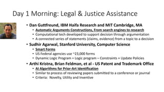 Day 1 Morning: Legal & Justice Assistance
• Dan Guttfreund, IBM Haifa Research and MIT Cambridge, MA
• Automatic Arguments Constructions, From search engines to research
• Computational tech developed to support decision through argumentation
• A connected series of statements (claims, evidence) from a topic to a decision
• Sudhir Agarwal, Stanford University, Computer Science
• Smart Forms
• US Federal agencies use ~23,000 forms
• Dynamic Logic Program = Logic program – Constraints + Update Policies
• Arthi Kristna, Brian Feldman, et al - US Patent and Trademark Office
• AI Algorithms for Prior-Art Identification
• Similar to process of reviewing papers submitted to a conference or journal
• Criteria: Novelty, Utility and Inventive
 