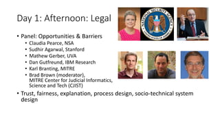 Day 1: Afternoon: Legal
• Panel: Opportunities & Barriers
• Claudia Pearce, NSA
• Sudhir Agarwal, Stanford
• Mathew Gerber, UVA
• Dan Gutfreund, IBM Research
• Karl Branting, MITRE
• Brad Brown (moderator),
MITRE Center for Judicial Informatics,
Science and Tech (CJIST)
• Trust, fairness, explanation, process design, socio-technical system
design
 