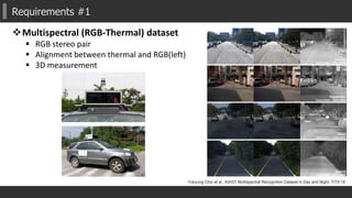 Requirements #1
Multispectral (RGB-Thermal) dataset
 RGB stereo pair
 Alignment between thermal and RGB(left)
 3D measurement
Yukyung Choi et al., KAIST Multispectral Recognition Dataset in Day and Night, TITS’18
 
