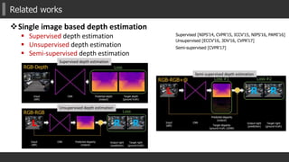 Related works
Single image based depth estimation
 Supervised depth estimation
 Unsupervised depth estimation
 Semi-supervised depth estimation
Supervised depth estimation
Supervised [NIPS’14, CVPR’15, ICCV’15, NIPS’16, PAMI’16]
Semi-supervised [CVPR’17]
Unsupervised [ECCV’16, 3DV’16, CVPR’17]
Unsupervised depth estimation
Semi-supervised depth estimation
 