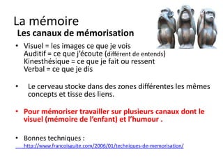 La mémoire
 Les canaux de mémorisation

• Quand je penses tout seul à des souvenirs

• Est que je penses en paroles (dialogue intérieur)
• Est-ce que je penses en images

• Apprendre à «créer» les deux dans ma tête.
 