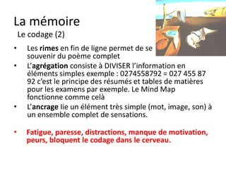 La mémoire
Le codage



On ne retiens que ce qui nous importe
vraiment
ou
ce qui marque par les émotions
 