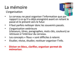 La mémoire
    Le codage (2)


•     Les rimes en fin de ligne permet de se
      souvenir du poème complet
•     L’agrégation consiste à DIVISER l’information en
      éléments simples exemple : 0274558792 = 027 455
      87 92
•     L’ancrage Iie un élément très simple (mot, image,
      son) à un ensemble complet de sensations. (1789 =
      révolution, Bastille, guillotine, liberté…)
 