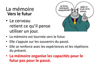 La mémoire
 Vers le futur
• Le cerveau
  retient ce qu’il pense
  utiliser un jour.
• La mémoire est tournée vers le futur.
• Elle s’appuie sur les souvenirs du passé.
• Elle se renforce avec les expériences et les répétions
  du présent.
 