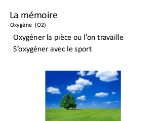 La mémoire
Oxygène (O2)

 Oxygéner la pièce ou l’on travaille
 S’oxygéner avec le sport
 