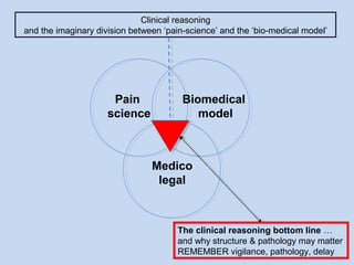 Pain
science
Biomedical
model
Medico
legal
Clinical reasoning
and the imaginary division between ‘pain-science’ and the ‘b...