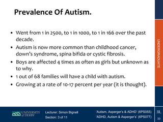 Prevalence Of Autism. Went from 1 in 2500, to 1 in 1000, to 1 in 166 over the past decade. Autism is now more common than childhood cancer, down’s syndrome, spina bifida or cystic fibrosis. Boys are affected 4 times as often as girls but unknown as to why. 1 out of 68 families will have a child with autism. Growing at a rate of 10-17 percent per year (it is thought). 