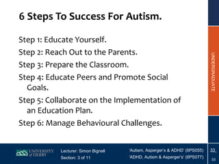 6 Steps To Success For Autism. Step 1: Educate Yourself. Step 2: Reach Out to the Parents. Step 3: Prepare the Classroom. Step 4: Educate Peers and Promote Social Goals. Step 5: Collaborate on the Implementation of an Education Plan. Step 6: Manage Behavioural Challenges. 