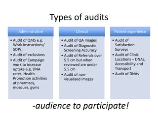 Types of audits
Administrative
• Audit of QMS e.g.
Work instructions/
SOPs
• Audit of exclusions
• Audit of Campaign
work ...