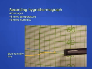 Recording hygrothermograph
 Advantages
 •Shows temperature
 •Shows humidity




Blue humidity
line
 