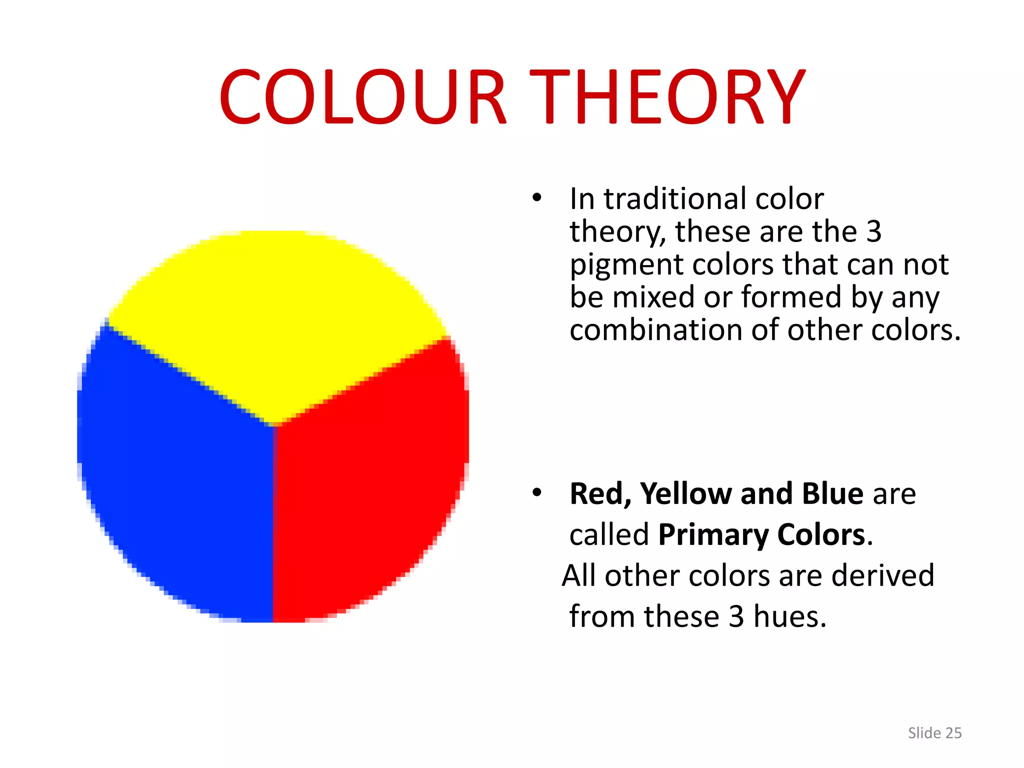 COLOUR THEORY
      • In traditional color
        theory, these are the 3
        pigment colors that can not
        be mixed or formed by any
        combination of other colors.



      • Red, Yellow and Blue are
        called Primary Colors.
        All other colors are derived
        from these 3 hues.


                                 Slide 25
 