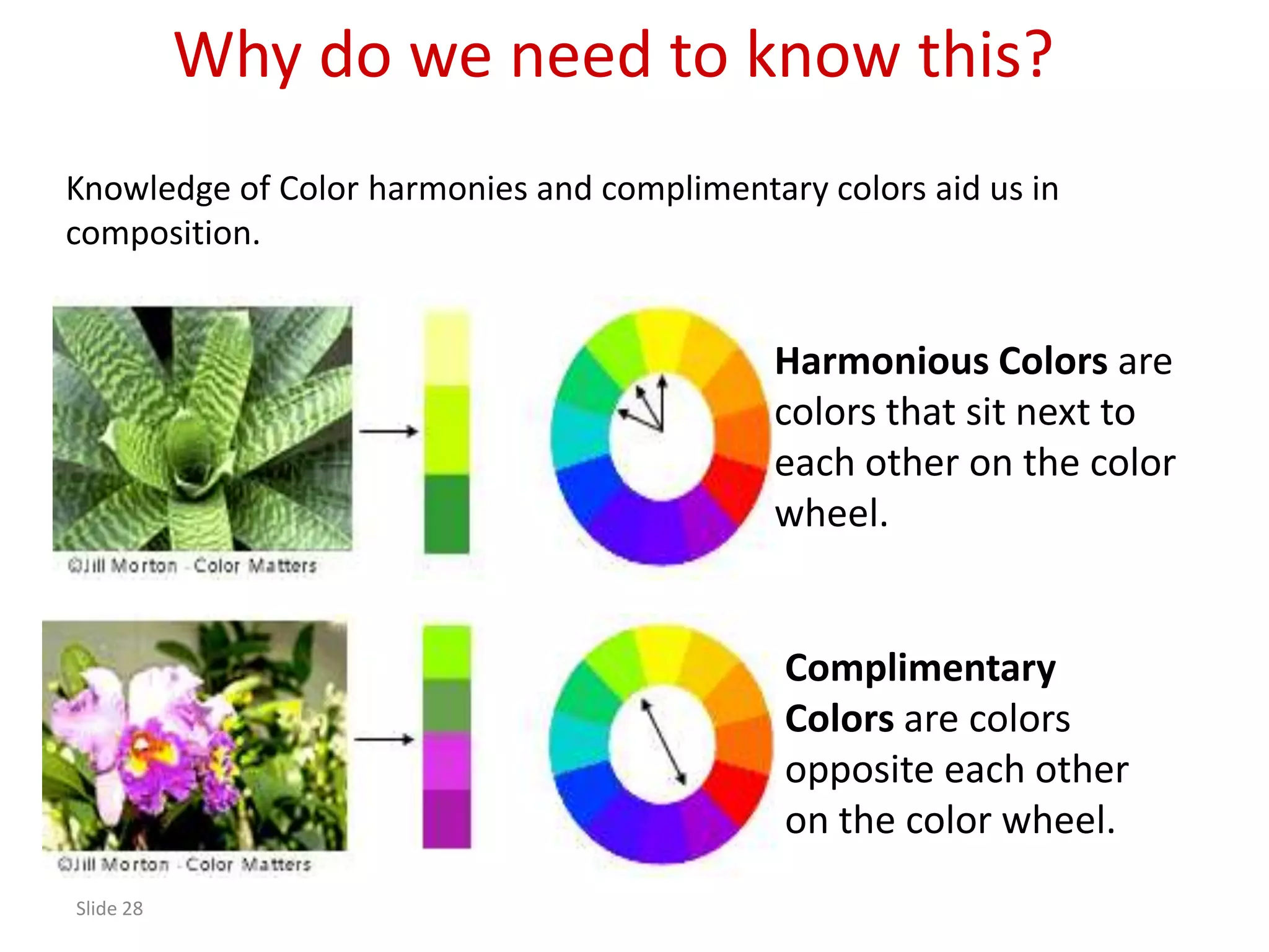 Why do we need to know this?
Knowledge of Color harmonies and complimentary colors aid us in
composition.


                                            Harmonious Colors are
                                            colors that sit next to
                                            each other on the color
                                            wheel.


                                             Complimentary
                                             Colors are colors
                                             opposite each other
                                             on the color wheel.
Slide 28
 