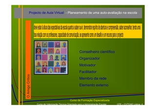 Projecto de Aula Virtual - Planeamento de uma auto-avaliação na escola



                  deve estar à altura das expectativas da escola quanto a saber ouvir, demonstrar espírito de abertura e compreensão, saber aconselhar, tendo uma
                  boa relação com os professores, capacidade de comunicação, se apresente como um desafio e um recurso para o projecto

                                                                               Conselheiro científico
                                                                               Organizador
                                                                               Motivador
                                                                               Facilitador
O Amigo Crítico




                                                                               Membro da rede
                                                                               Elemento externo



                                                                  Curso de Formação Especializada
                      Curso de Valorização Técnica Orientada para a Administração Escolar                                        CFE – CVTOAE Lisboa 4
 