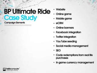 BP Ultimate Ride  Case Study Campaign elements Website Online game Mobile game eCRM Online banners Facebook integration Twitter integration You Tube seeding Social media management SEO Code redemptions from real life purchases In game currency management 