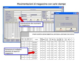 Movimentazioni di magazzino con varie stampe




                     Individuazione dei movimenti
                      Individuazione dei movimenti
                     di magazzino
                      di magazzino




Estrazione di molteplici
 Estrazione di molteplici
soluzioni di report di
 soluzioni di report di
magazzino
 magazzino
 
