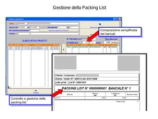 Gestione della Packing List




                                                     Composizione semplificata
                                                      Composizione semplificata
                                                     dei bancali
                                                      dei bancali




Controllo eegestione delle
 Controllo gestione delle
packing list
 packing list
 