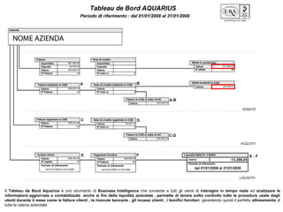 Il Tableau de Bord Aquarius è uno strumento di Business Intelligence che consente a tutti gli utenti di interagire in tempo reale ed analizzare le
informazioni aggiornate e contabilizzate  anche ai fini della liquidità aziendale , permette di tenere sotto controllo tutte le procedure usate dagli
utenti durante il mese come le fatture clienti , le ricevute bancarie , gli incassi clienti , i bonifici fornitori, garantendo quindi il perfetto allineamento di
tutta la catena aziendale
 