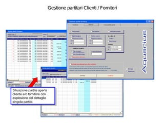 Gestione partitari Clienti / Fornitori




Situazione partite aperte
 Situazione partite aperte
cliente e/o fornitore con
 cliente e/o fornitore con
esplosione del dettaglio
 esplosione del dettaglio
singola partita
 singola partita
 