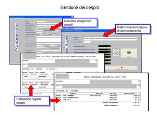 Gestione dei cespiti

                        Gestione anagrafica
                         Gestione anagrafica
                        cespiti
                         cespiti               Determinazione quote
                                                Determinazione quote
                                               di ammortamento
                                                di ammortamento




Estrazione registri
 Estrazione registri
cespiti
 cespiti
 