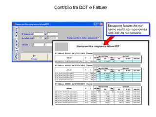Controllo tra DDT e Fatture



                              Estrazione fatture che non
                               Estrazione fatture che non
                              hanno esatta corrispondenza
                               hanno esatta corrispondenza
                              con DDT da cui derivano
                               con DDT da cui derivano
 