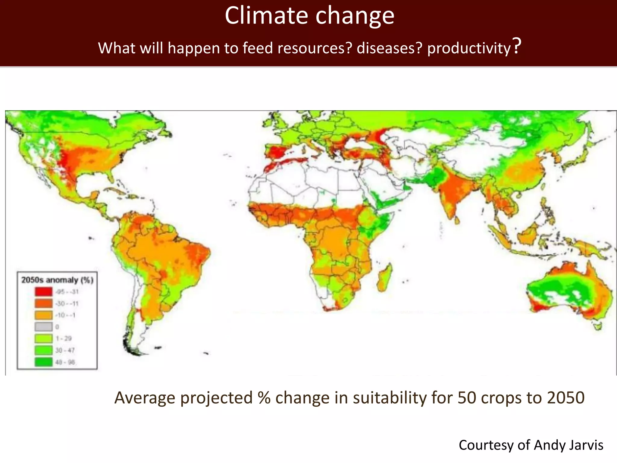 Climate change
What will happen to feed resources? diseases? productivity?




  Average projected % change in suitability for 50 crops to 2050

                                                  Courtesy of Andy Jarvis
 