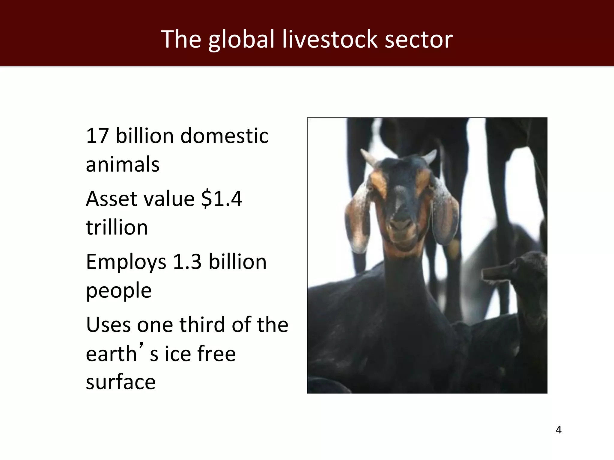 The global livestock sector


 17 billion domestic
  animals
 Asset value $1.4
  trillion
 Employs 1.3 billion
  people
 Uses one third of the
  earth’s ice free
  surface
                                       4
 