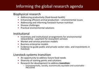 Informing the global research agenda
Biophysical research
   •   Addressing productivity (feed-breed-health)
   •   Enhanc...