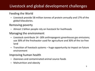 Livestock and global development challenges
 Feeding the World
   – Livestock provide 58 million tonnes of protein annual...