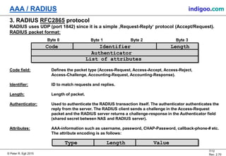 © Peter R. Egli 2015
7/12
Rev. 2.70
AAA / RADIUS indigoo.com
3. RADIUS RFC2865 protocol
RADIUS uses UDP (port 1842) since it is a simple ‚Request-Reply‘ protocol (Accept/Request).
RADIUS packet format:
Code field: Defines the packet type (Access-Request, Access-Accept, Access-Reject,
Access-Challenge, Accounting-Request, Accounting-Response).
Identifier: ID to match requests and replies.
Length: Length of packet.
Authenticator: Used to authenticate the RADIUS transaction itself. The authenticator authenticates the
reply from the server. The RADIUS client sends a challenge in the Access-Request
packet and the RADIUS server returns a challenge-response in the Authenticator field
(shared secret between NAS and RADIUS server).
Attributes: AAA-information such as username, password, CHAP-Password, callback-phone-# etc.
The attribute encoding is as follows:
Byte 0 Byte 1 Byte 3
Code LengthIdentifier
Authenticator
List of attributes
Byte 2
Type Length Value
 