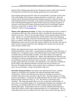 Report of the American Academy of Actuaries’ Life Liquidity Work Group


deferred. Many funding agreements involve floating rate interest credits and are backed
by floating rate securities and some funding agreements have no put options.

Some funding agreements and GICs allow the contractholder to surrender at book value
if the credit ratings of the insurance company drop below a certain level. Again, the
contract must be analyzed to determine how long the issuer has to return the money. A
more detailed discussion of this topic can be found in the Preliminary Report of the GIC
with Credit Rating Downgrade Provisions Work Group of the American Academy of
Actuaries to the Innovative Products Working Group of the Life and Health Actuarial
Task Force of the NAIC in October 1999. A copy of the report is available on the
Academy’s website at www.actuary.org.

Market value adjustment provisions: A market value adjustment provision is similar to
a put option in that it gives the customer the right to surrender the associated policy or
contract at any time. However, the surrender amount is not necessarily equal to the book
value. Instead, it is an amount that fluctuates with the market value of the underlying
assets. The issuing company usually has a formula (that may or may not be written in the
policy or contract), which allows it to take its cost of liquidating assets into account.
Depending on interest rate levels and other market conditions, the surrender value may be
either less than or greater than book value, although some contracts may only pay the
lesser of book or market value.

Market value adjustment provisions can be found in both retail products and in
institutional products, such as GICs. In analyzing the contribution of these provisions to
liquidity risk, it is important to know if the adjusted funds must be paid out immediately
or whether there are deferral rights available. As in other instances, the longer the
deferral period, the lower the liquidity risk. Market value adjustments by themselves are
a liquidity risk reduction technique because under normal circumstances, most customers
are unwilling to accept less than book value at surrender. If the surrender value is
actually greater than book, the market value adjustment is not a deterrent to withdrawal,
but the market value adjustment formulas will reduce the risk of economic loss.
However, for liquidity risk under a stress situation, there is nothing in a contract of this
type to prevent surrender, so large cash demands could occur.

Surrender charge provisions: Like market value adjustment provisions, surrender
charges are considered to be a liquidity risk reduction technique under normal
circumstances. Policies with these provisions allow for surrender at any time at a
surrender value that is always less than or equal to book. Surrender charges are usually
found in retail products. Commonly, the charge during the first year after issue is a fairly
high percentage of the book value (e.g., 7%). The intent is to discourage quick
surrenders. The charge then grades down over time, so that after a given number of
years, there is no surrender charge at all. In analyzing the liquidity risk of products with
this feature, one should consider the size of the surrender charge and also whether
deferral rights apply. Retail products may be covered by standard nonforfeiture laws,
which allow insurers to defer cash surrender payments for a six-month period. The six-
month deferral provision was added to the laws of the various states following a time of



                                                                                          10
 